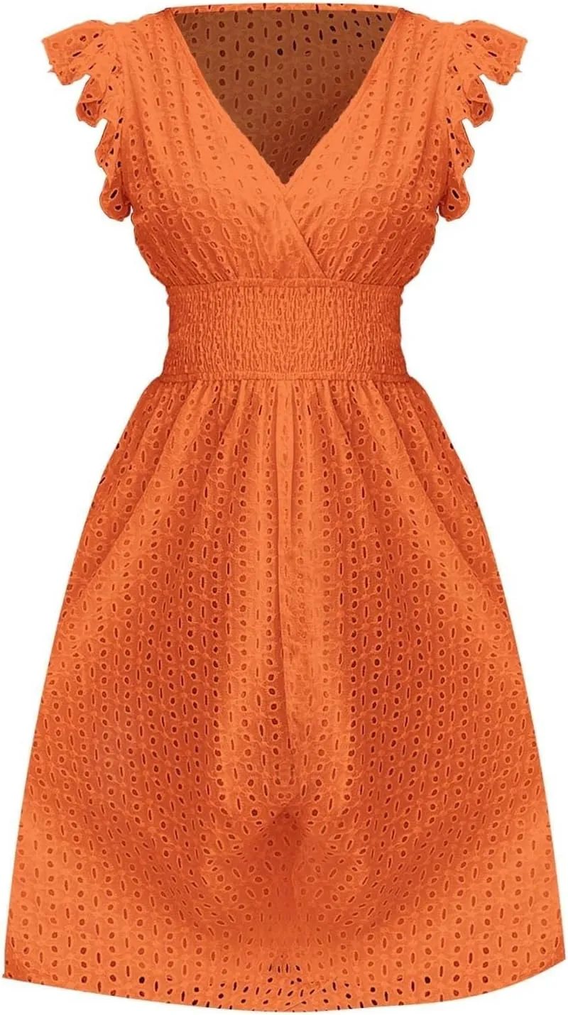 V Neck Dress for Women Sexy Summer Eyelet Empire Waist Flowy Midi Dresses Boho Beach Resort Ruffle Sleeve A Line Dress
