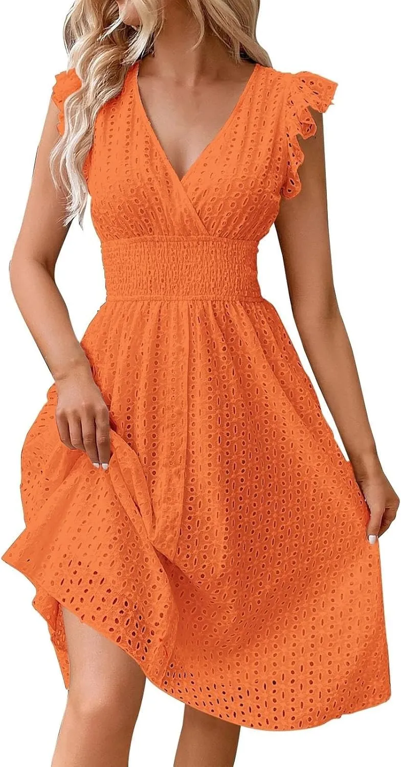 V Neck Dress for Women Sexy Summer Eyelet Empire Waist Flowy Midi Dresses Boho Beach Resort Ruffle Sleeve A Line Dress