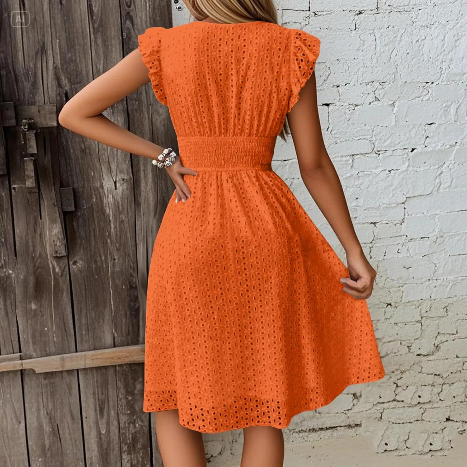 V Neck Dress for Women Sexy Summer Eyelet Empire Waist Flowy Midi Dresses Boho Beach Resort Ruffle Sleeve A Line Dress