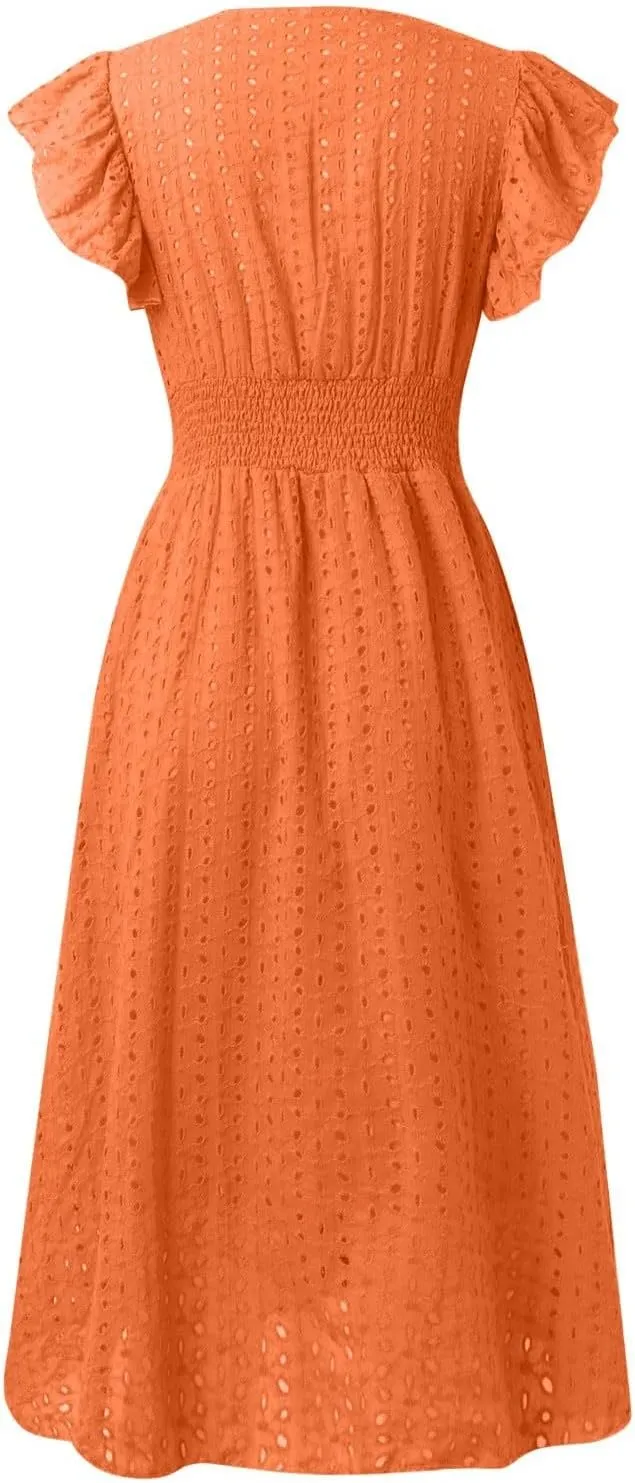 V Neck Dress for Women Sexy Summer Eyelet Empire Waist Flowy Midi Dresses Boho Beach Resort Ruffle Sleeve A Line Dress