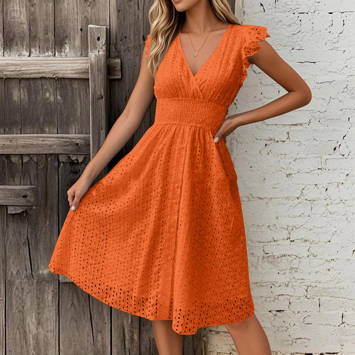 V Neck Dress for Women Sexy Summer Eyelet Empire Waist Flowy Midi Dresses Boho Beach Resort Ruffle Sleeve A Line Dress