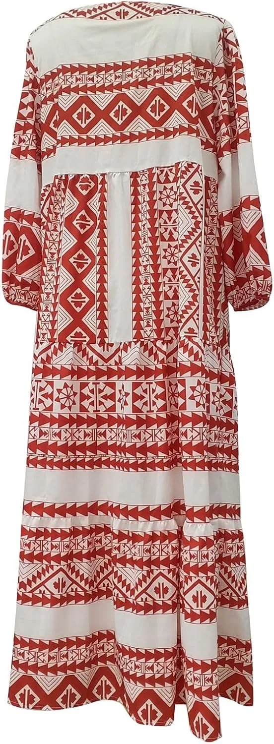 V Neck Summer Casual Fashion Print Lace-Up Bubble 3/4 Sleeves Ruffle Stitching Big Swing Long Loose Maxi Dress