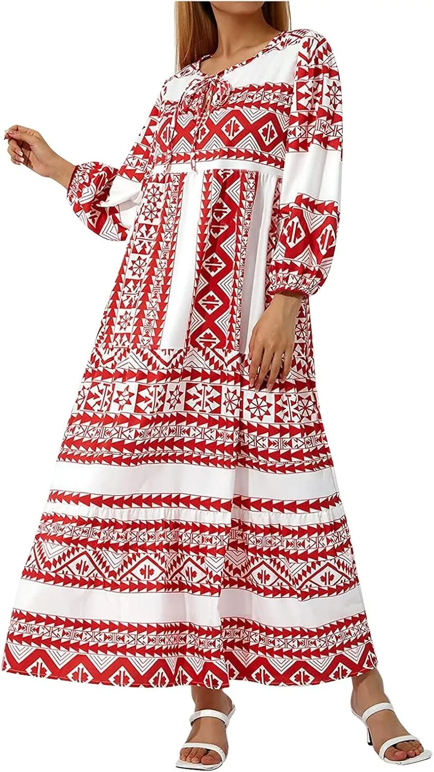 V Neck Summer Casual Fashion Print Lace-Up Bubble 3/4 Sleeves Ruffle Stitching Big Swing Long Loose Maxi Dress