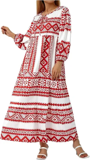 V Neck Summer Casual Fashion Print Lace-Up Bubble 3/4 Sleeves Ruffle Stitching Big Swing Long Loose Maxi Dress