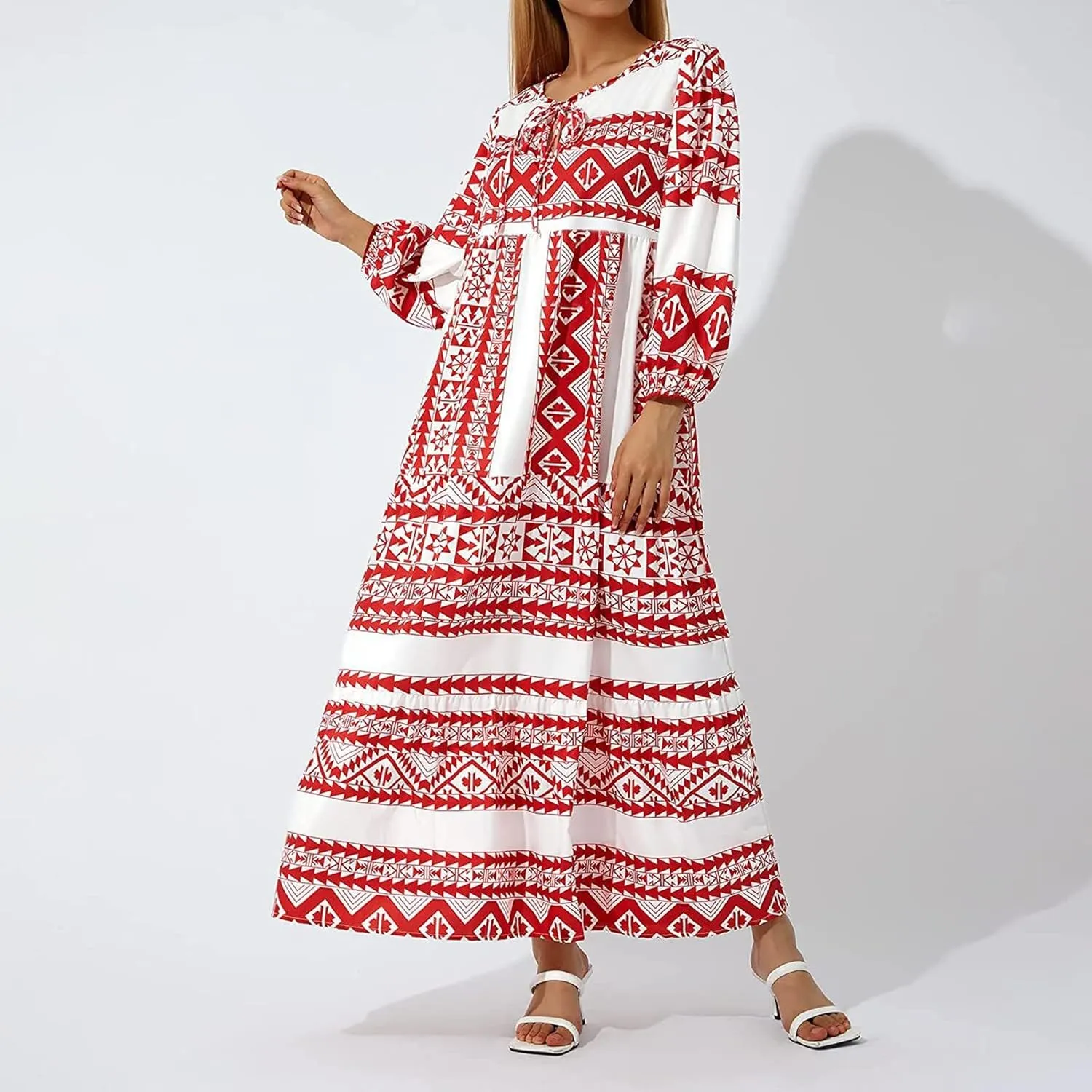 V Neck Summer Casual Fashion Print Lace-Up Bubble 3/4 Sleeves Ruffle Stitching Big Swing Long Loose Maxi Dress