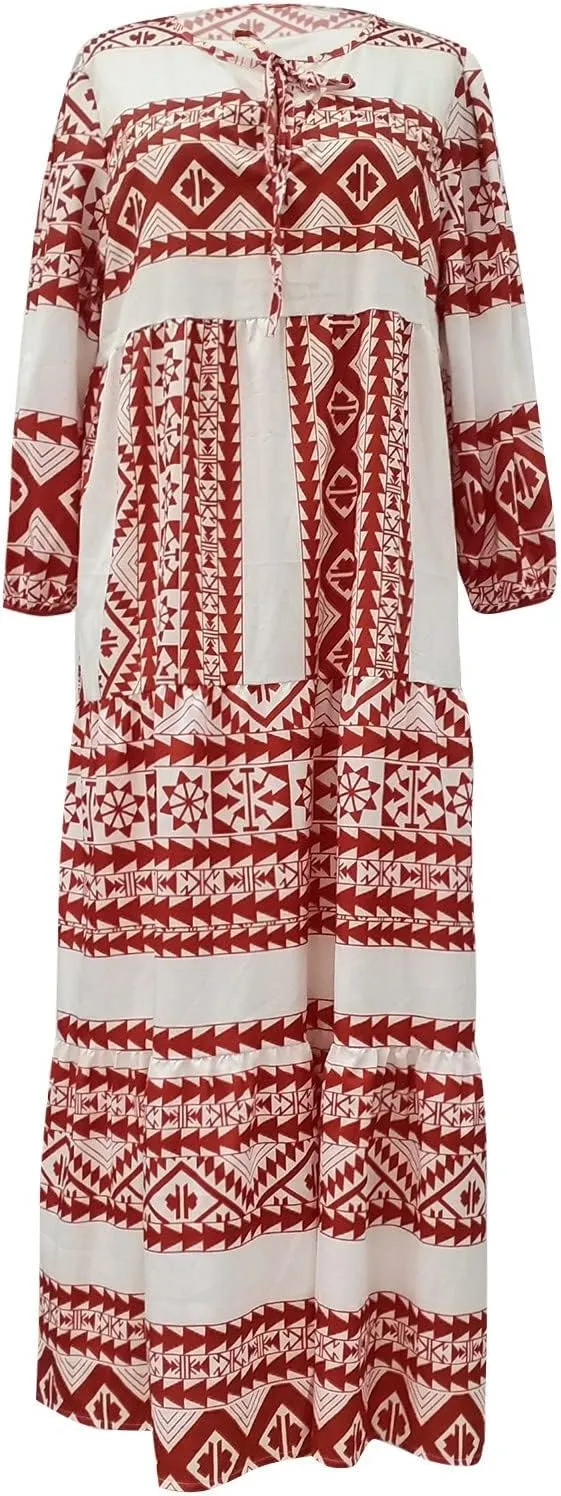 V Neck Summer Casual Fashion Print Lace-Up Bubble 3/4 Sleeves Ruffle Stitching Big Swing Long Loose Maxi Dress
