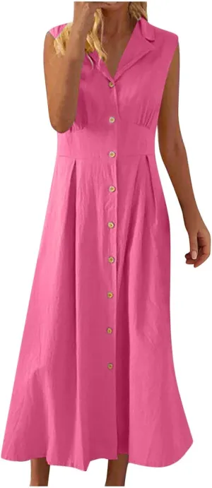 Vacation Dresses for Women 2025 Casual Beach Sundress Cotton Linen Vacation Loose Flowy V Neck Button Down Dress