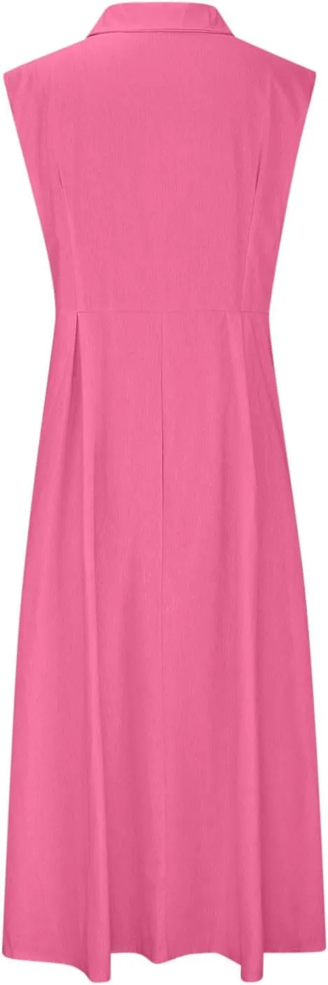 Vacation Dresses for Women 2025 Casual Beach Sundress Cotton Linen Vacation Loose Flowy V Neck Button Down Dress