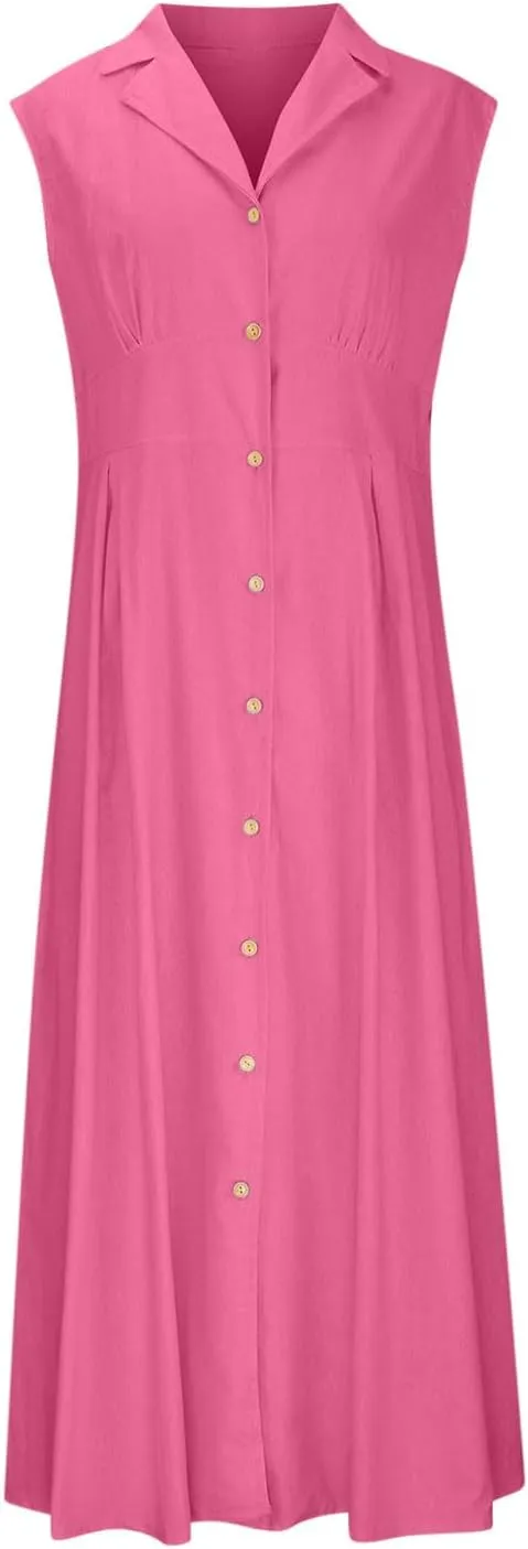 Vacation Dresses for Women 2025 Casual Beach Sundress Cotton Linen Vacation Loose Flowy V Neck Button Down Dress