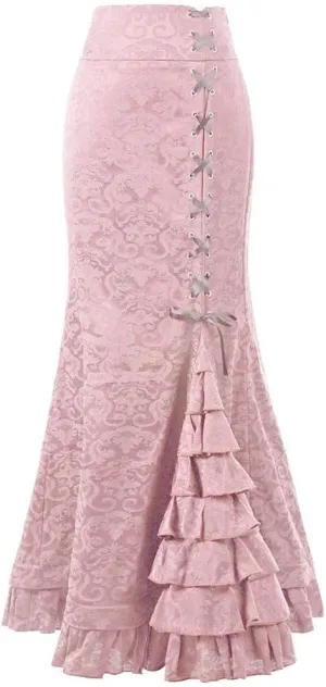 Victorian Pencil Skirt for Women Vintage Steampunk Lace up Tiered Ruffle Maxi Skirts High Waisted Long Mermaid Fishtail Skirt
