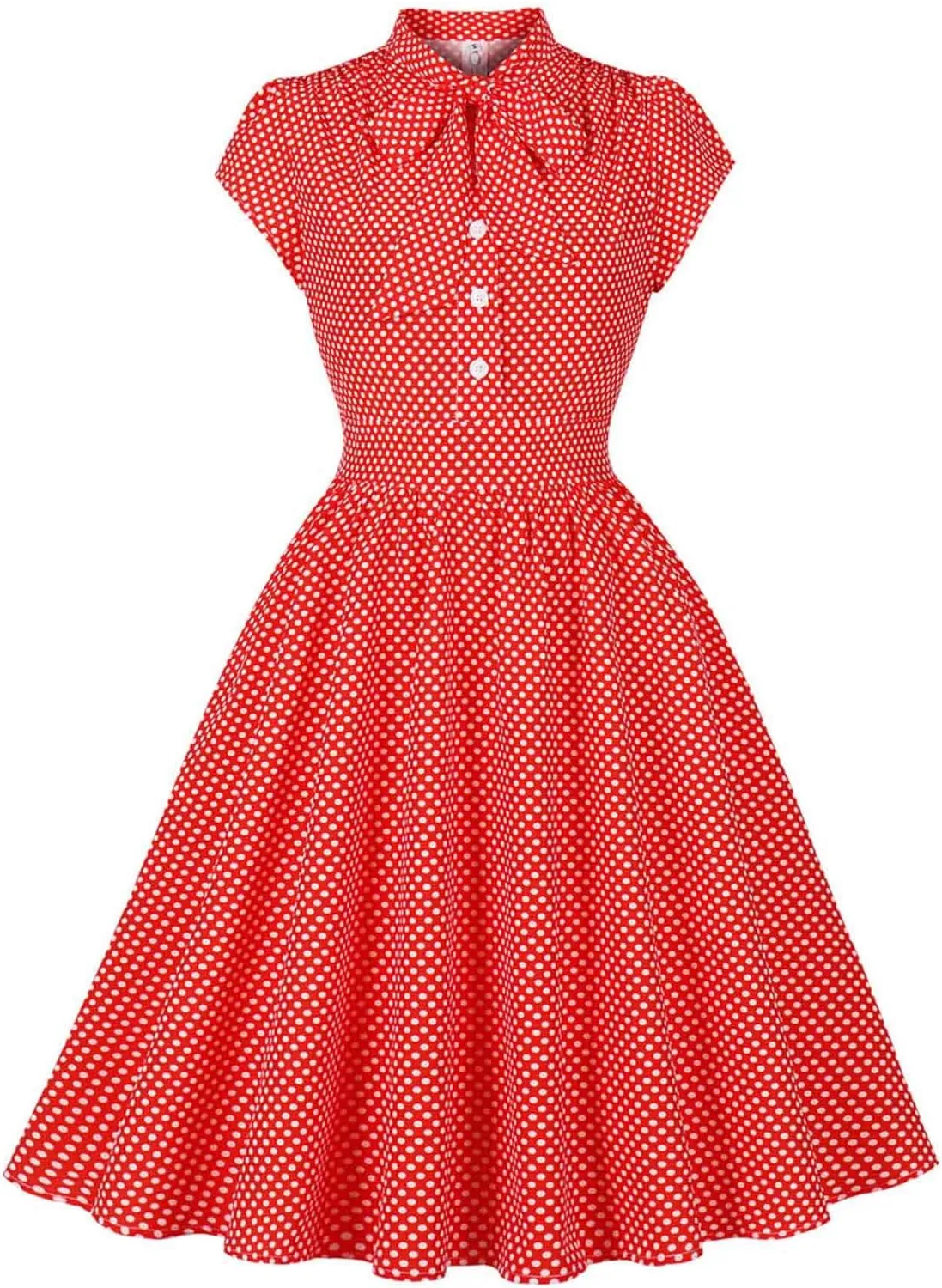 Women 1950s Vintage Dresses Short Sleeve Tie Neck Polka Dot Swing Dress Summer A Line Cocktail Party Midi Dress