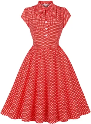 Women 1950s Vintage Dresses Short Sleeve Tie Neck Polka Dot Swing Dress Summer A Line Cocktail Party Midi Dress