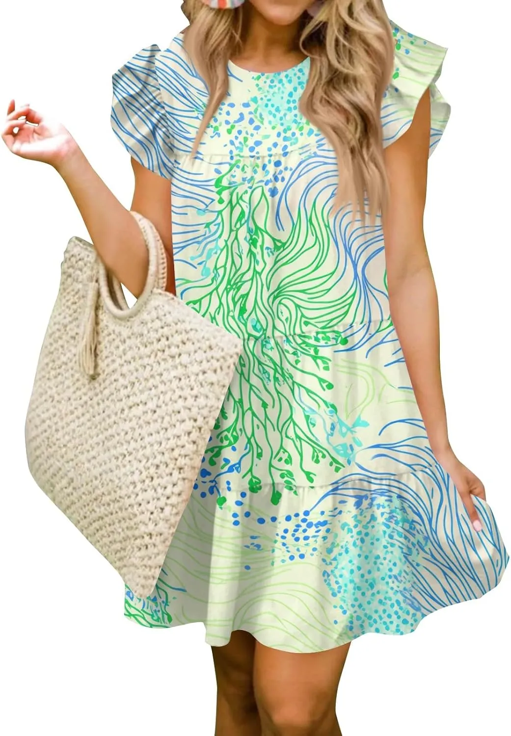 Women Babydoll Summer Casual Crew Neck Ruffle Sleeve Sleeveless Flowy Mini Short Tunic Dress Floral Print Pleated Dress5-Green,XX-Large