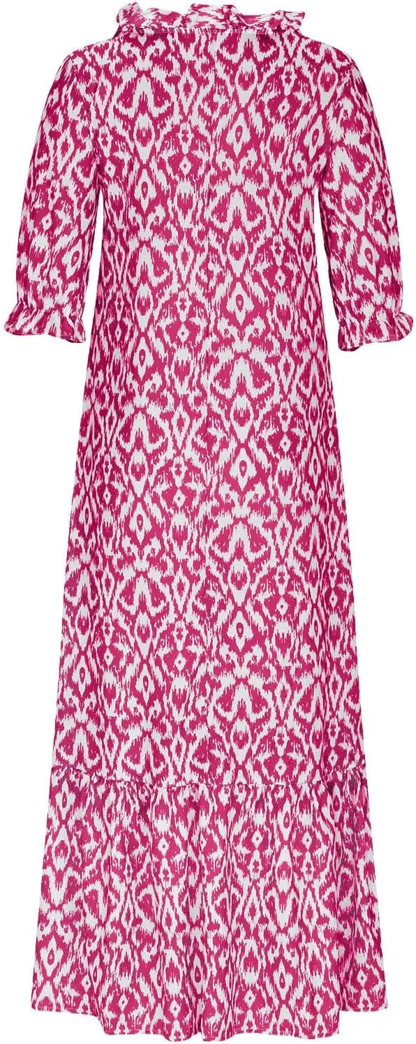 Women Boho Summer Dresses Floral Print Retro V Neck Tassel Bohemian Maxi Dress 3/4 Sleeve Ruffle Flowy A-Line Dress