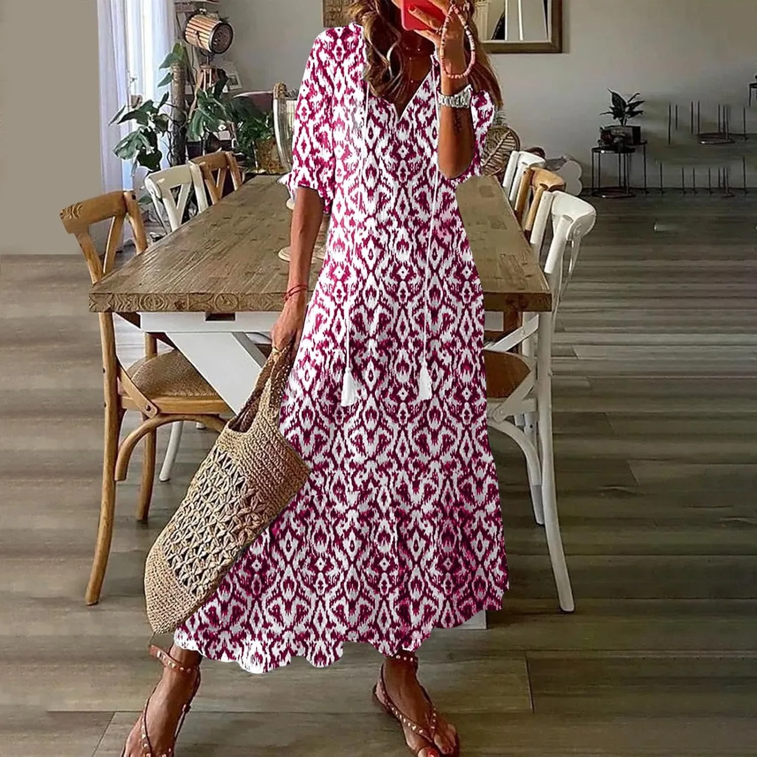 Women Boho Summer Dresses Floral Print Retro V Neck Tassel Bohemian Maxi Dress 3/4 Sleeve Ruffle Flowy A-Line Dress