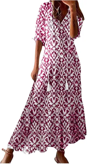 Women Boho Summer Dresses Floral Print Retro V Neck Tassel Bohemian Maxi Dress 3/4 Sleeve Ruffle Flowy A-Line Dress
