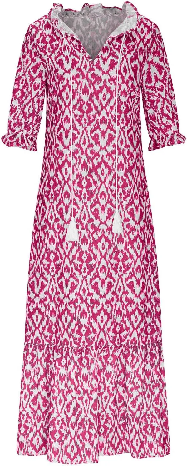 Women Boho Summer Dresses Floral Print Retro V Neck Tassel Bohemian Maxi Dress 3/4 Sleeve Ruffle Flowy A-Line Dress