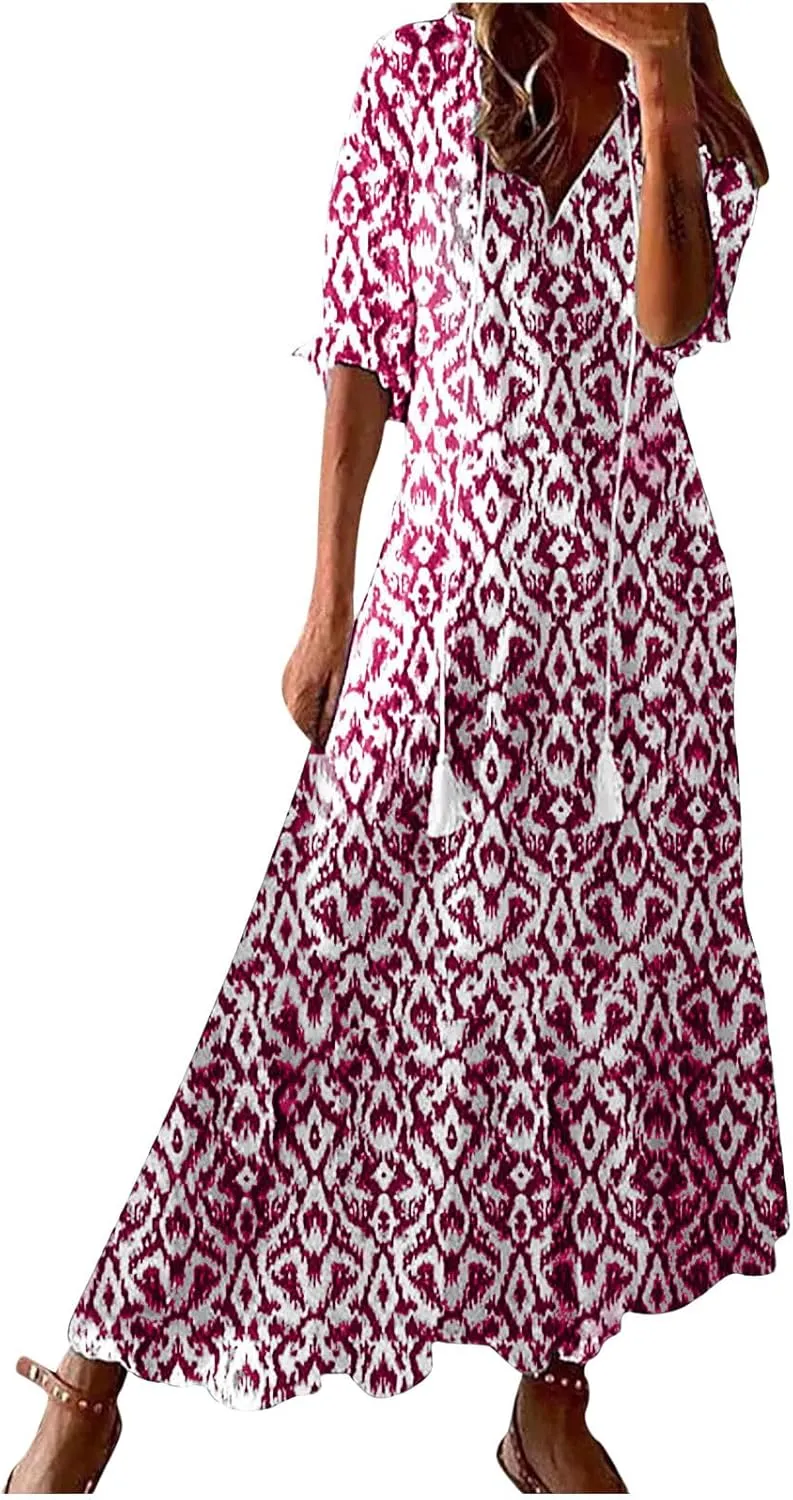 Women Boho Summer Dresses Floral Print Retro V Neck Tassel Bohemian Maxi Dress 3/4 Sleeve Ruffle Flowy A-Line Dress