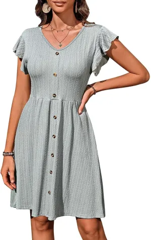 Women Cap Sleeve Mini Dress 2025 Casual Spring Summer Swing Dresses Button Front Ribbed Dress A Line Short Sundress