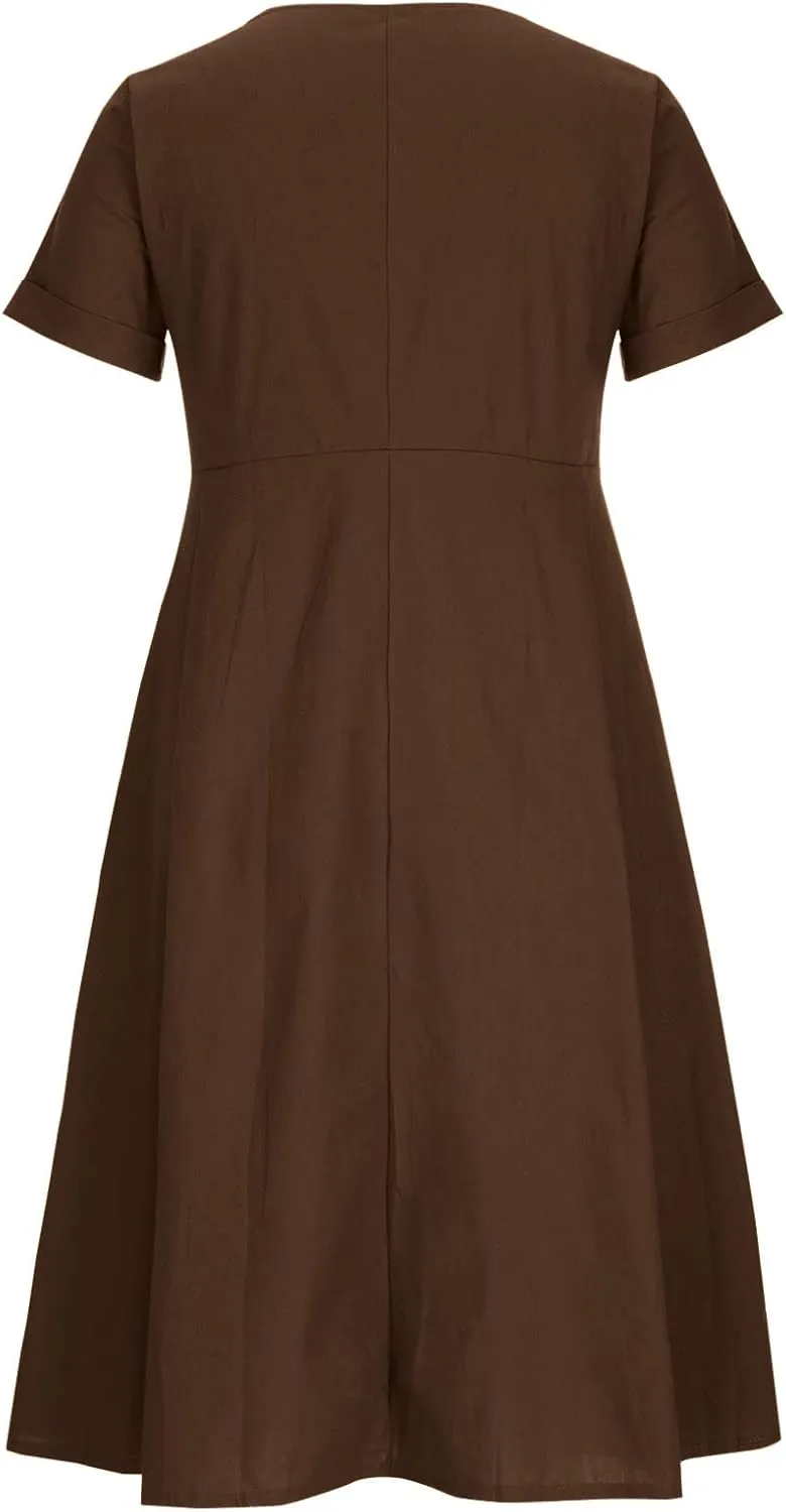 Women Casual Cotton Linen Midi Dresses Short Sleeve Loose Fit Summer Dress Plus Size Solid Color Swing Dresses