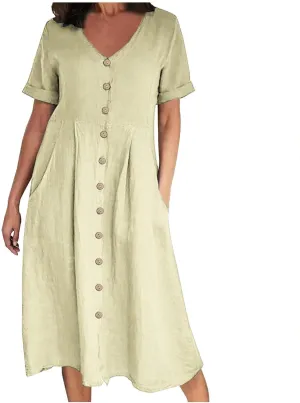 Women Casual Cotton Linen Midi Dresses Short Sleeve Loose Fit Summer Dress Plus Size Solid Color Swing Dresses