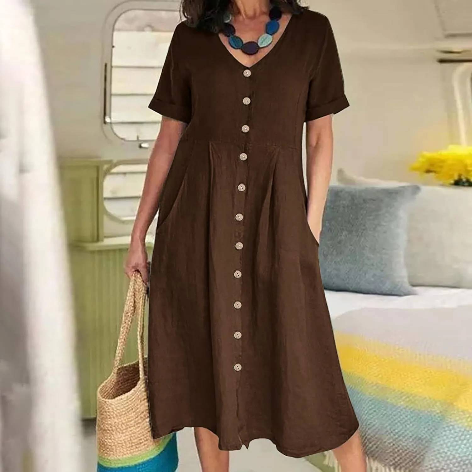 Women Casual Cotton Linen Midi Dresses Short Sleeve Loose Fit Summer Dress Plus Size Solid Color Swing Dresses