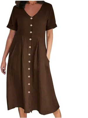 Women Casual Cotton Linen Midi Dresses Short Sleeve Loose Fit Summer Dress Plus Size Solid Color Swing Dresses