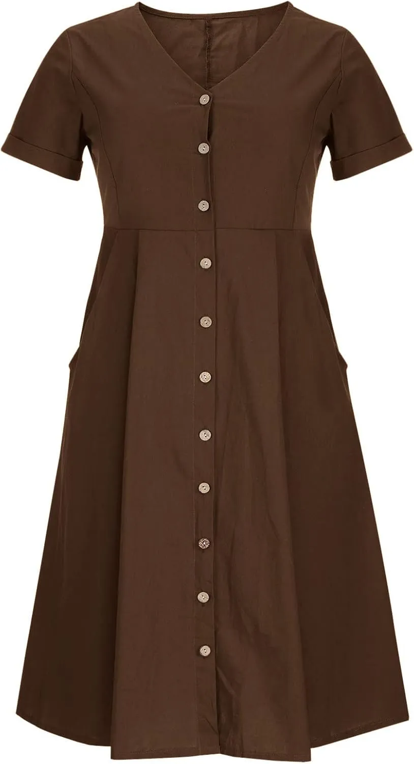 Women Casual Cotton Linen Midi Dresses Short Sleeve Loose Fit Summer Dress Plus Size Solid Color Swing Dresses