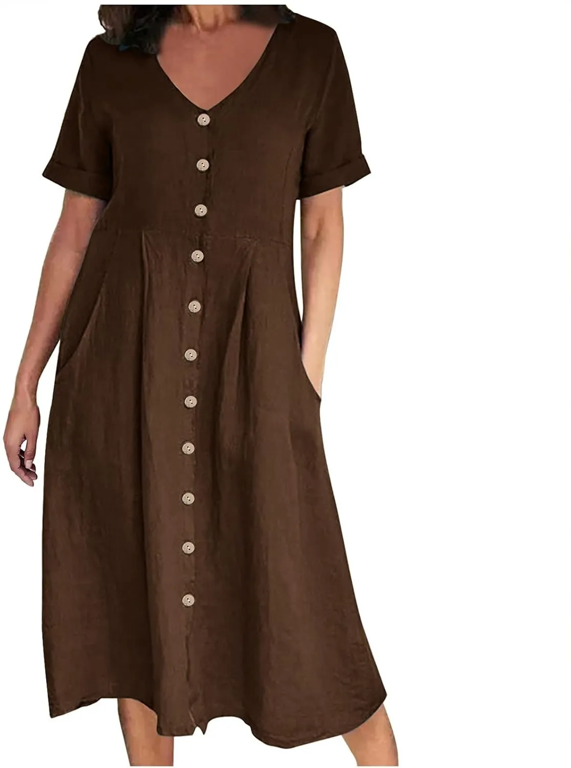 Women Casual Cotton Linen Midi Dresses Short Sleeve Loose Fit Summer Dress Plus Size Solid Color Swing Dresses