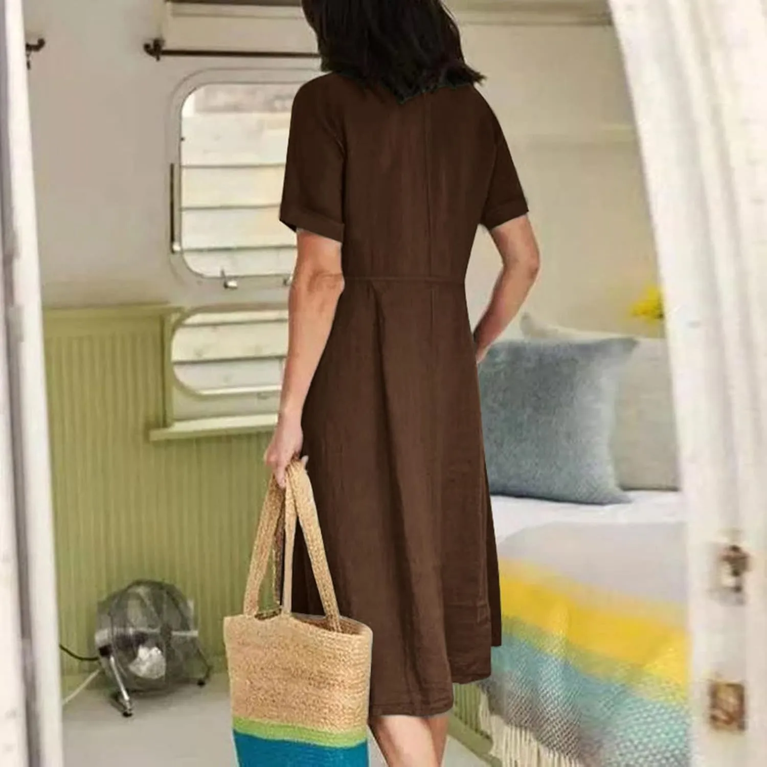 Women Casual Cotton Linen Midi Dresses Short Sleeve Loose Fit Summer Dress Plus Size Solid Color Swing Dresses