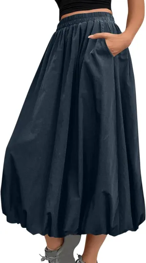 Women Casual Midi Skirts Summer Casual Trendy Solid Color Elastic Hight Waist Skirt Flowy A-Line Skirts with Pockets