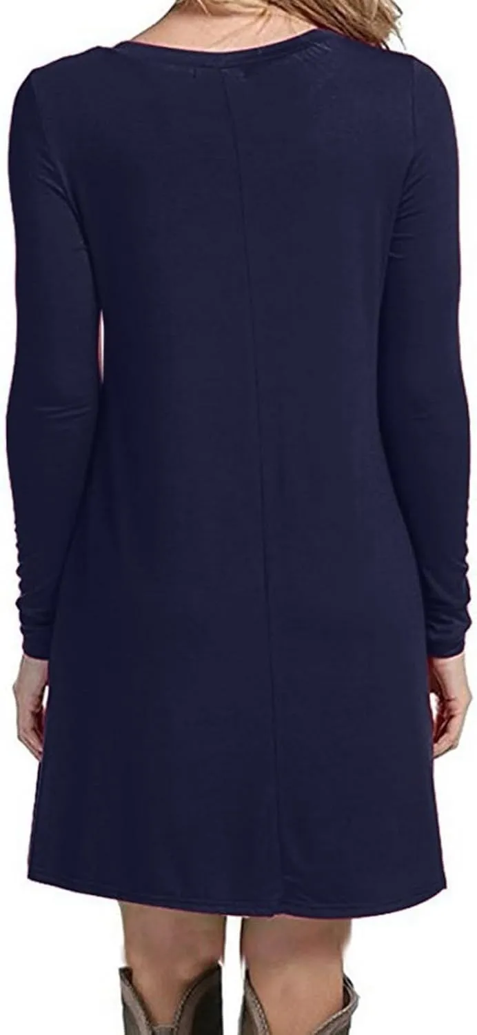 Women Casual Solid Long Sleeve Round Neck Loose Dress Ruffle Mini Dress Midi Summer Dresses for Women