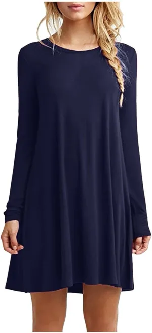 Women Casual Solid Long Sleeve Round Neck Loose Dress Ruffle Mini Dress Midi Summer Dresses for Women