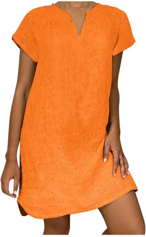 Women Cotton Linen Boho Dress Causal Summer Gauze Dresses Short Sleeve T Shirt Dress Trendy Dressy Ladies Clothing