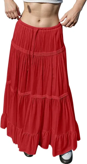 Women Elastic Waist Maxi Skirt Solid Color A Line Pleated Skirts Ruffle Tiered Beach Vacation Long Skorts