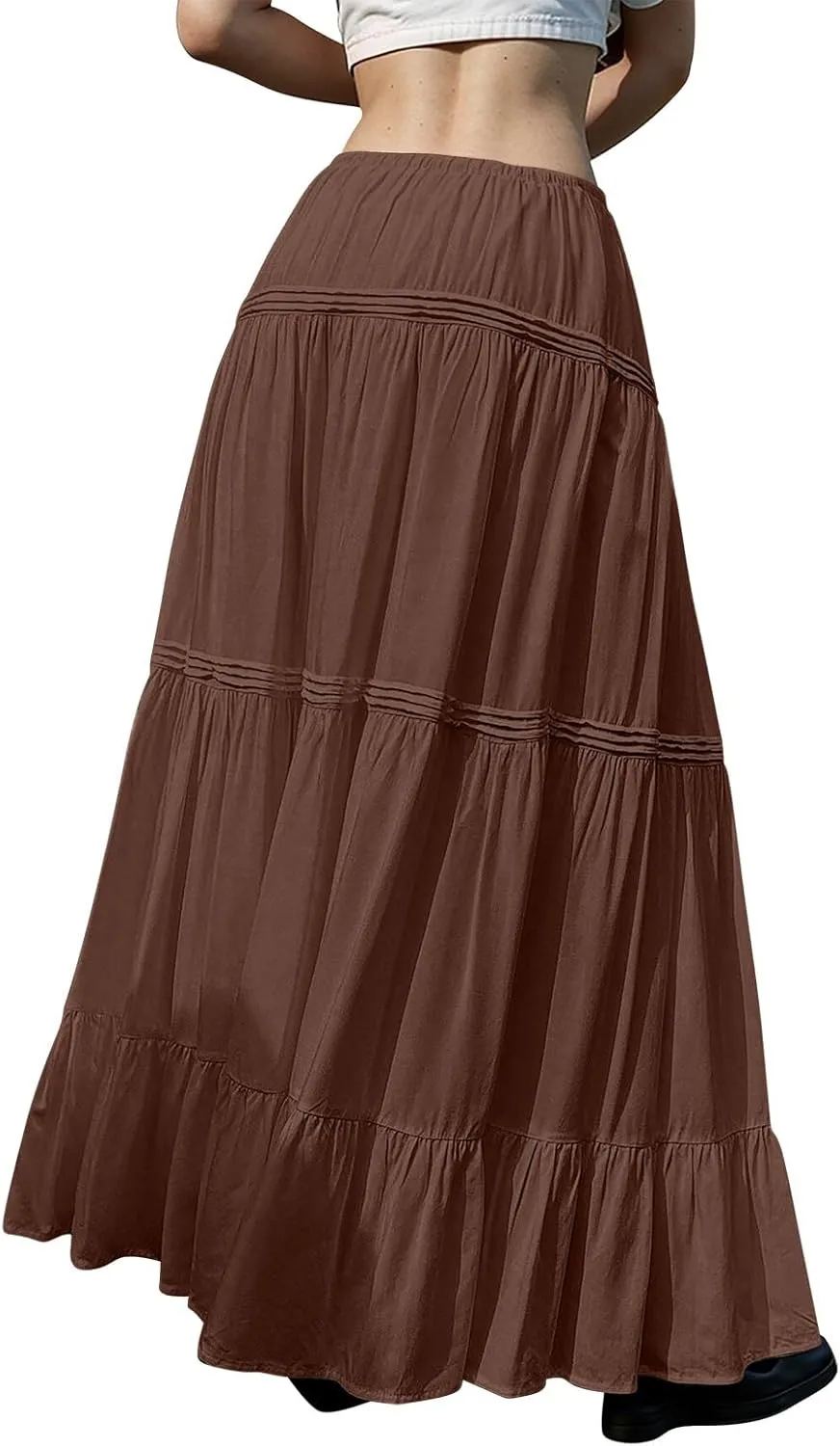 Women Elastic Waist Maxi Skirt Solid Color A Line Pleated Skirts Ruffle Tiered Beach Vacation Long Skorts
