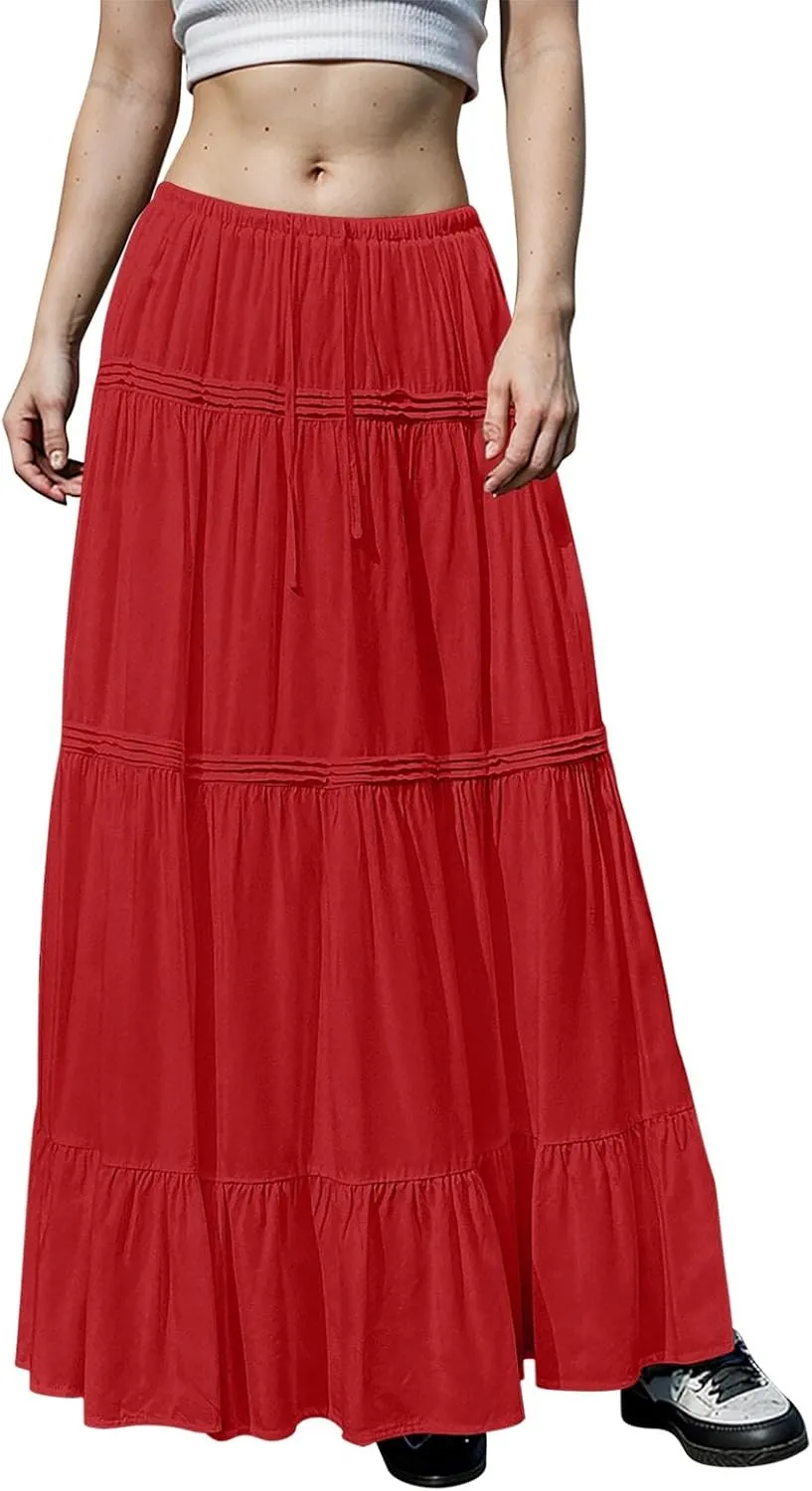 Women Elastic Waist Maxi Skirt Solid Color A Line Pleated Skirts Ruffle Tiered Beach Vacation Long Skorts
