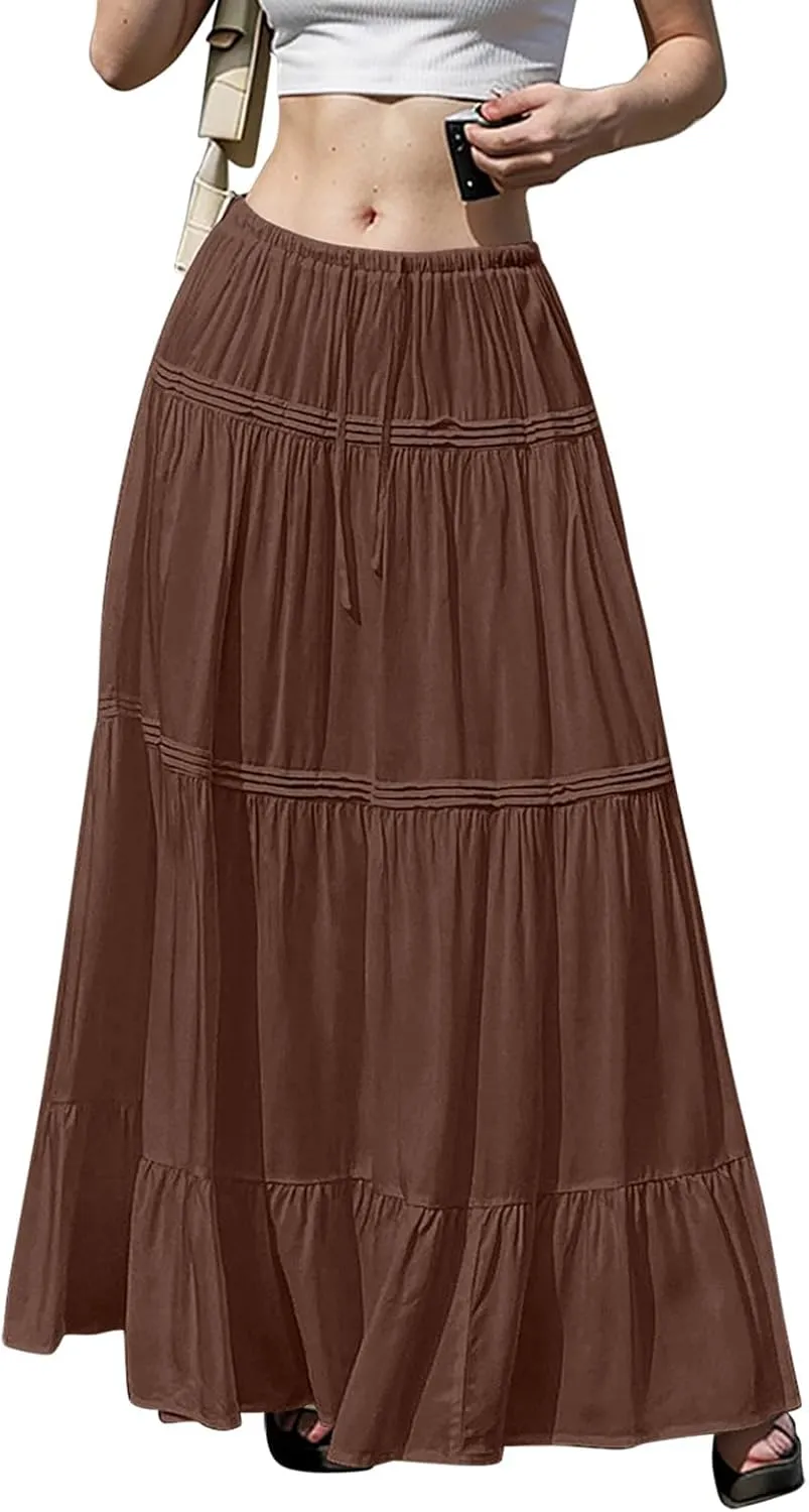 Women Elastic Waist Maxi Skirt Solid Color A Line Pleated Skirts Ruffle Tiered Beach Vacation Long Skorts