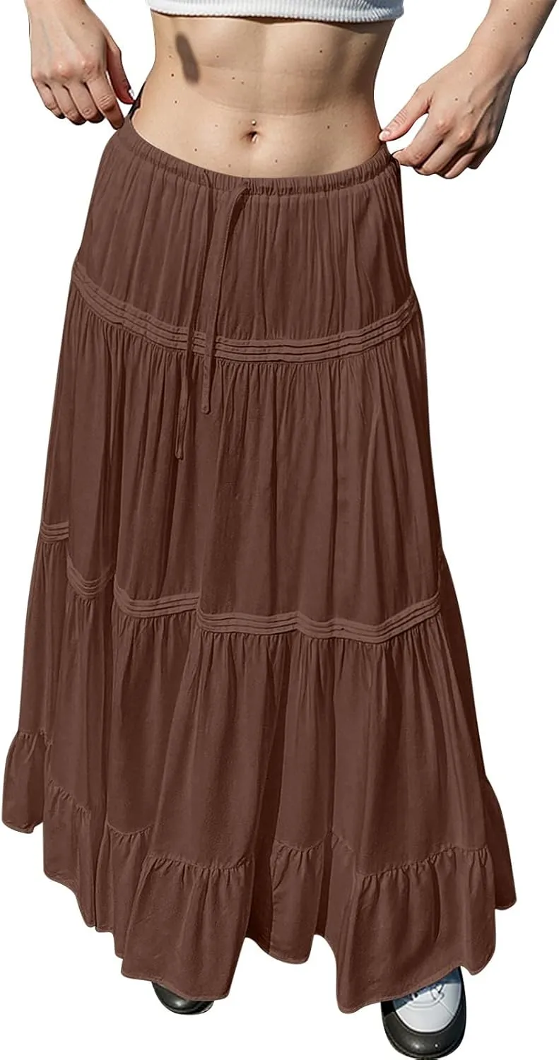 Women Elastic Waist Maxi Skirt Solid Color A Line Pleated Skirts Ruffle Tiered Beach Vacation Long Skorts