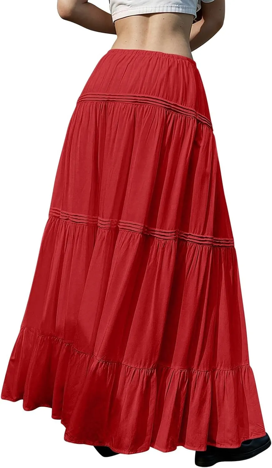 Women Elastic Waist Maxi Skirt Solid Color A Line Pleated Skirts Ruffle Tiered Beach Vacation Long Skorts