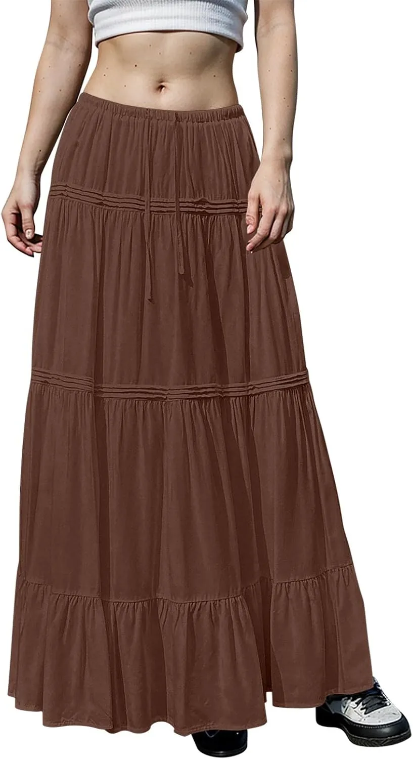 Women Elastic Waist Maxi Skirt Solid Color A Line Pleated Skirts Ruffle Tiered Beach Vacation Long Skorts