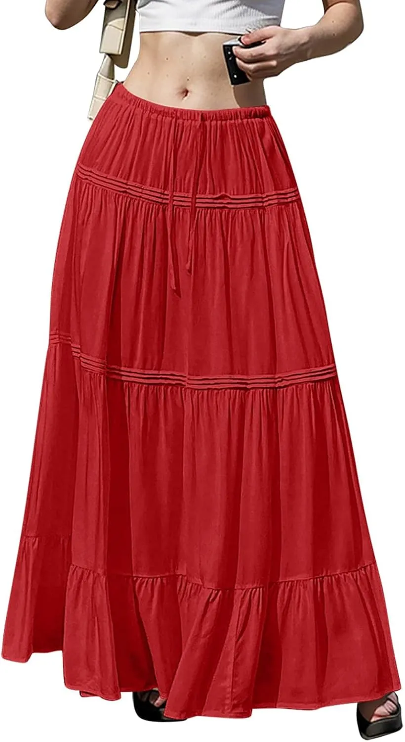 Women Elastic Waist Maxi Skirt Solid Color A Line Pleated Skirts Ruffle Tiered Beach Vacation Long Skorts