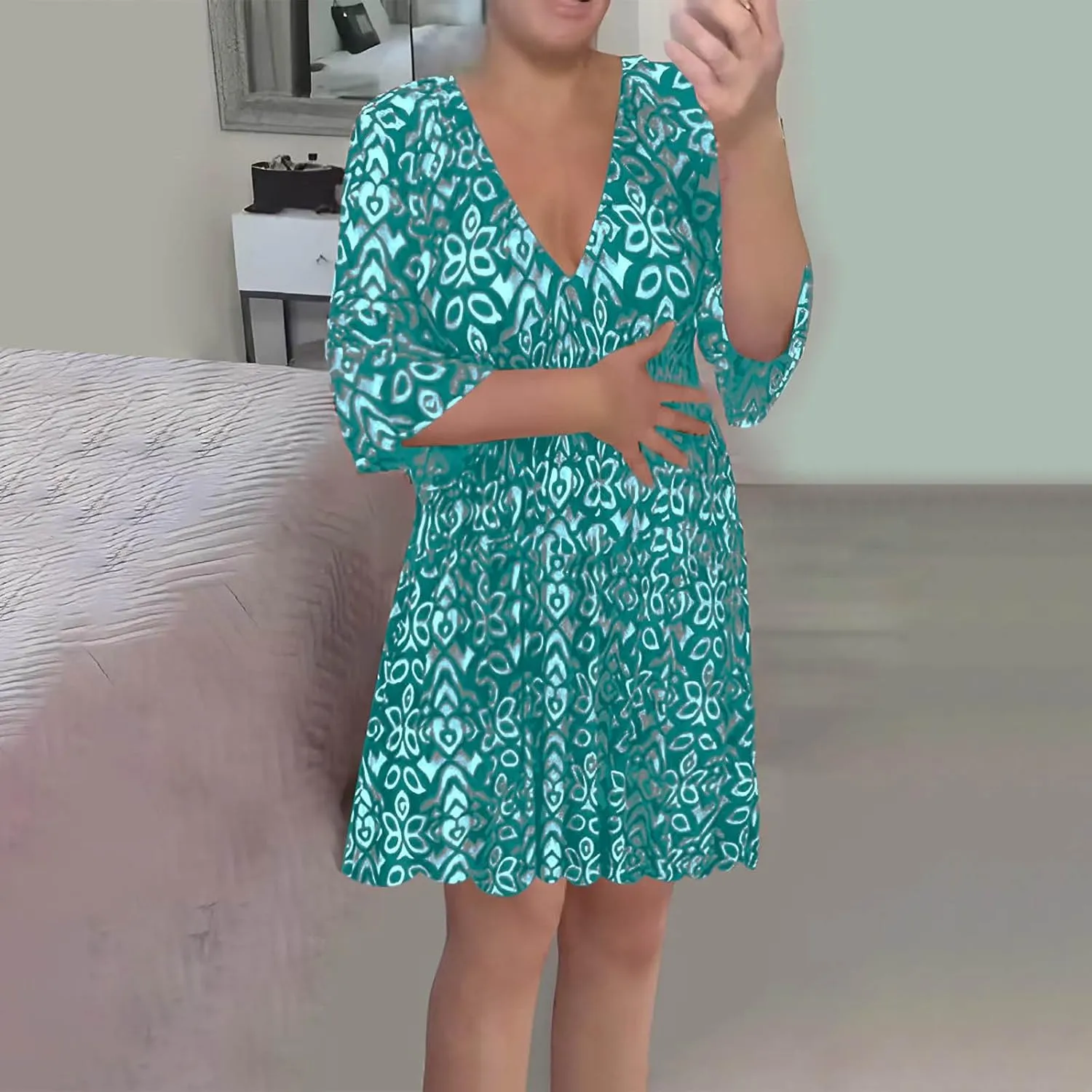 Women Floral Dresses 2024 Boho Casual Summer Dresses Flowy Vneck 3/4 Sleeve Dress Bohemian Beach Vacation Cute Clothes