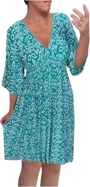 Women Floral Dresses 2024 Boho Casual Summer Dresses Flowy Vneck 3/4 Sleeve Dress Bohemian Beach Vacation Cute Clothes