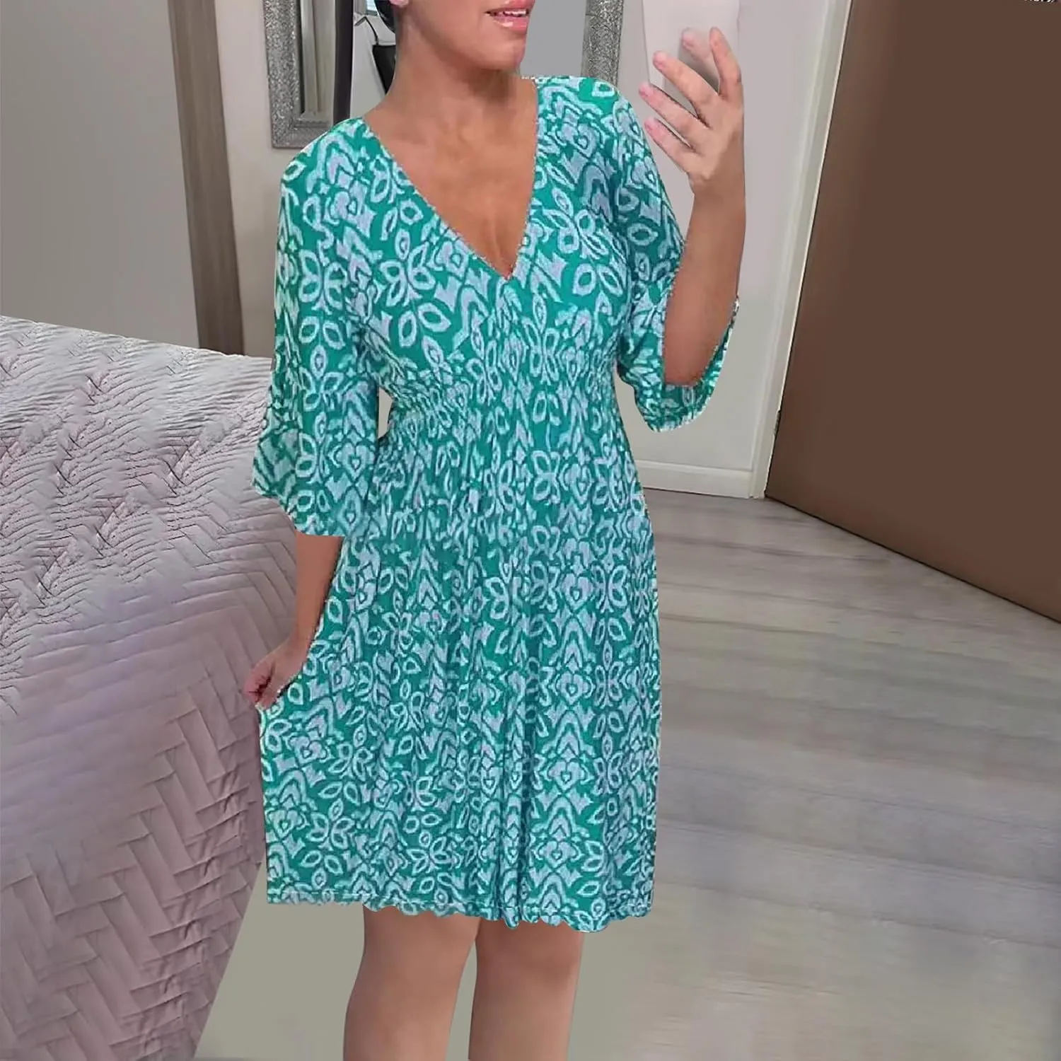 Women Floral Dresses 2024 Boho Casual Summer Dresses Flowy Vneck 3/4 Sleeve Dress Bohemian Beach Vacation Cute Clothes