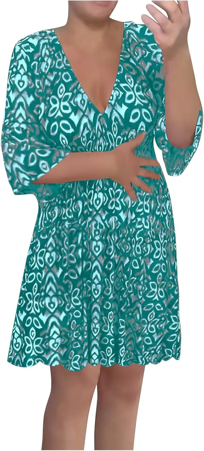 Women Floral Dresses 2024 Boho Casual Summer Dresses Flowy Vneck 3/4 Sleeve Dress Bohemian Beach Vacation Cute Clothes