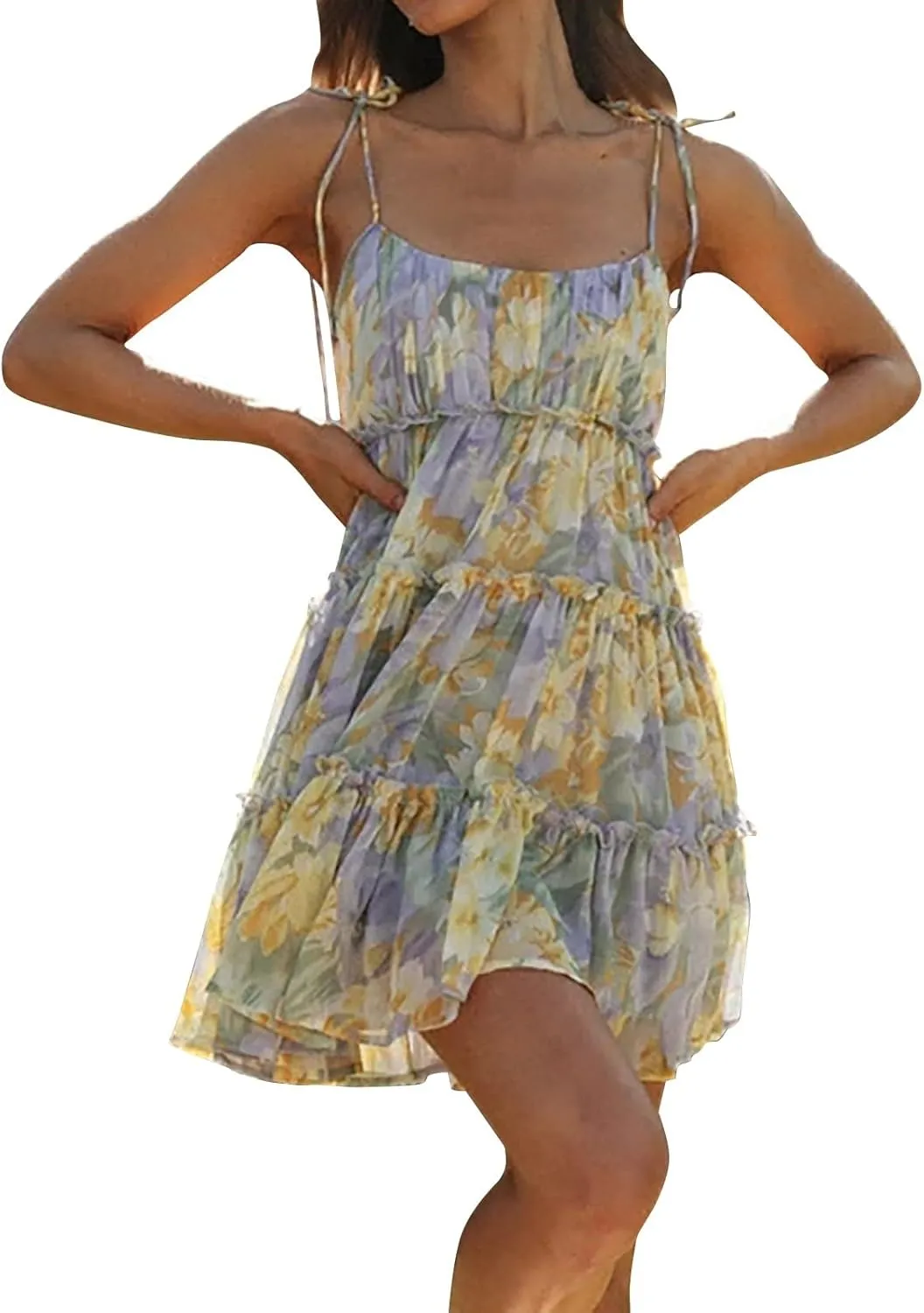 Women Floral Mini Dress Spaghetti Strap Ruffle Tiered Milkmaid Dress Cute Summer Short Flowy Swing Beach Sun Dresses