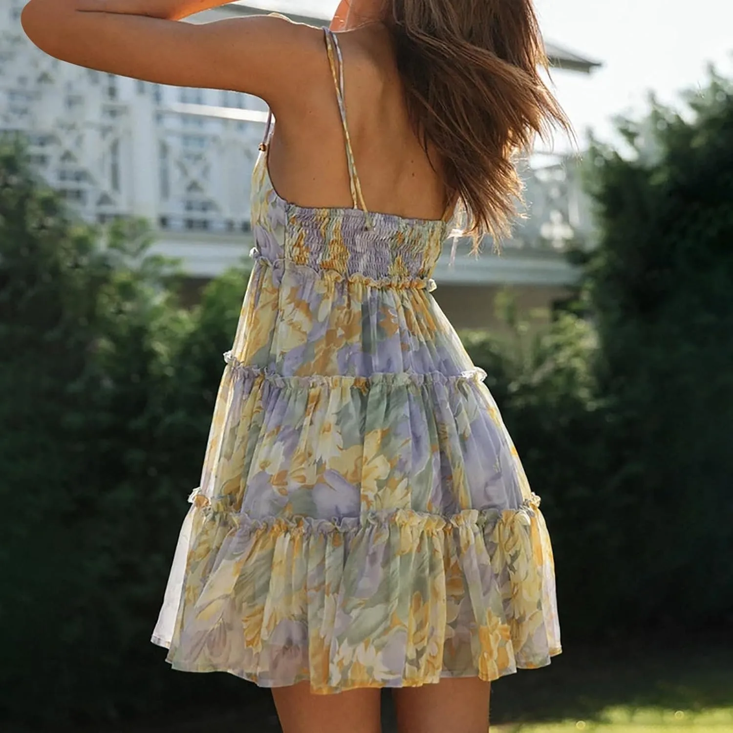 Women Floral Mini Dress Spaghetti Strap Ruffle Tiered Milkmaid Dress Cute Summer Short Flowy Swing Beach Sun Dresses