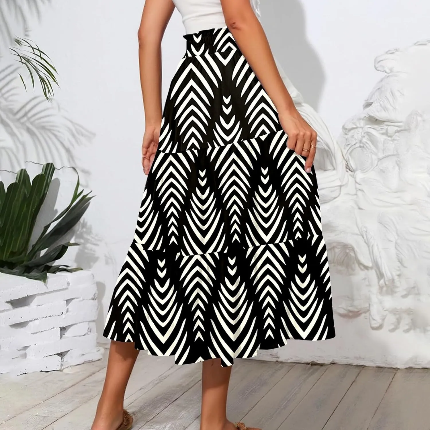 Women Floral Skirt A Line Tiered Pleated Flowy Midi Skirt with Pockets Casual Elastic High Waisted Boho Beach Skirts