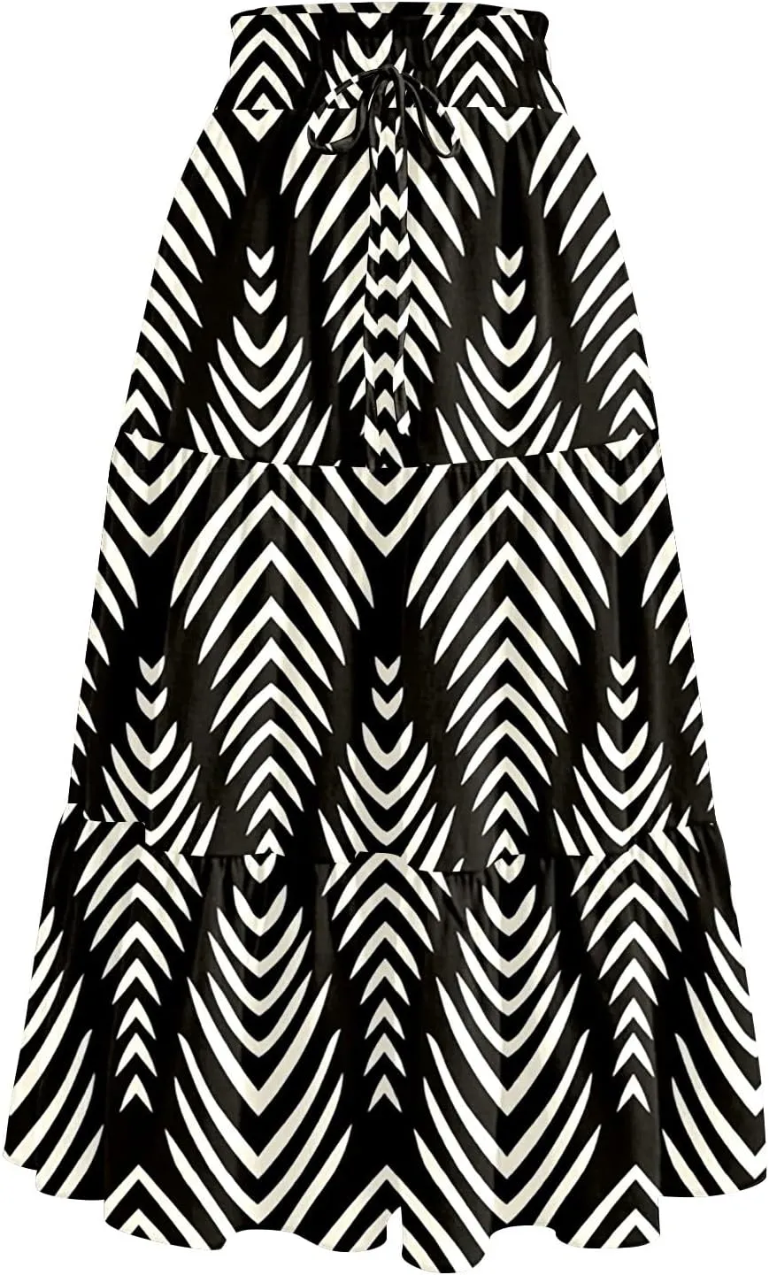 Women Floral Skirt A Line Tiered Pleated Flowy Midi Skirt with Pockets Casual Elastic High Waisted Boho Beach Skirts